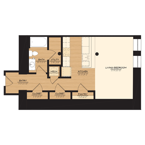 Floor plan for studio, 1 bath, 583 sqft